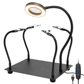 Helping Hands Soldering Station with 5X Magnifying Glass and Light, ELMCONFIG PCB Soldering Holder Metal Circuit Board Holder with 4 Flexible Metal Arms for Soldering, Assembly, Repair