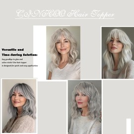 CINHOO 14" Clip In 360° 3D Short Curly Wavy Hair Topper for Women with Thinning Hair, Synthetic 14" Platinum hair topper with Bangs (M60#) (1B/gray#)