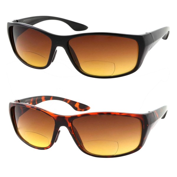 2 Pair Bifocal Sun Reader Sport and Wrap Around Reading Sunglasses - Amber Tint Great for Driving and Fishing - Men and Women (1 Black 1 Tortoise, 2.50)