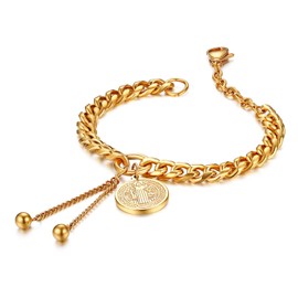 Flongo Women's Bracelet Curb Chain Stainless Steel Bangle Chain Gold with Benedict Blessing Saint Benedict Medal and Chain Pendant, Stainless Steel