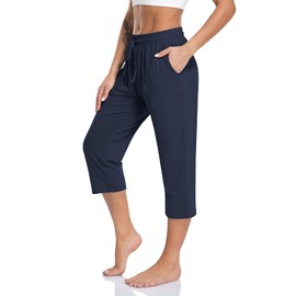 TARSE Womens Capris Yoga Workout Sweatpants Pockets Loose Drawstring Capri Pants Lounge Pajama Cropped Pants (NavyBlue,L)