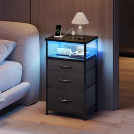 YeTom Nightstand with Charging Station, LED Night Stand with Drawers (Fabric), Bedside Table with Open Shelf, End Table with Steel Frame, 3 Drawer Dresser for Bedroom, Small Space, Black Nightstand