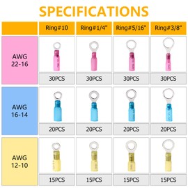 Flytuo 260PCS Heat Shrink Ring Connectors with Thicker Red Copper, AWG22-10 Waterproof Electrical Terminals Assortment Kit for Automotive Marine Crimp Insulated Ring Connectors Butt Splices