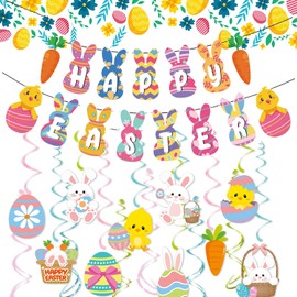 Jwssor Easter Bunting Banner,41pcs Hanging Swirls,Easter Hanging Swirls,Easter Egg Bunny Party Decoration,Easter Bunting for Easter Party Decoration