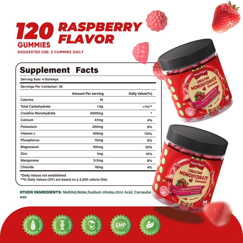 NutriVigor Creatine Monohydrate Gummies 5g for Men & Women, Preworkout