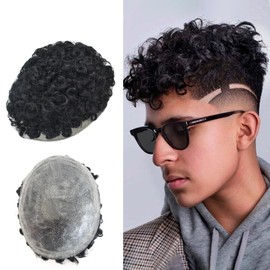 Healthlif Men’s Curly Toupee PU Base Man Wavy Kinky Toupee Hair Piece For Men 20mm.25mm Loose Curly Mens Hair Replacement System (8''X10''-25MM Curl Wave, 1B OFF BLACK)