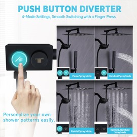 All Metal Rain Shower Head with Handheld Spray, JFJIARUI 10 Inch Rainfall Shower Head with Handheld, Push Button 4-Function Diverter, 14" Extension Arm, 71" Hose, Brass Holder, Matte Black