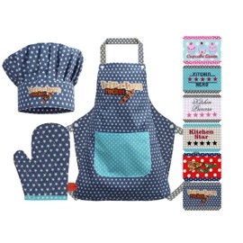 Emily´s Check Chef's Hat + Kitchen Apron + Oven Glove for Children - 3-Piece Set 1428.2002, Kitchen Rocket, Small [3-6 Years]