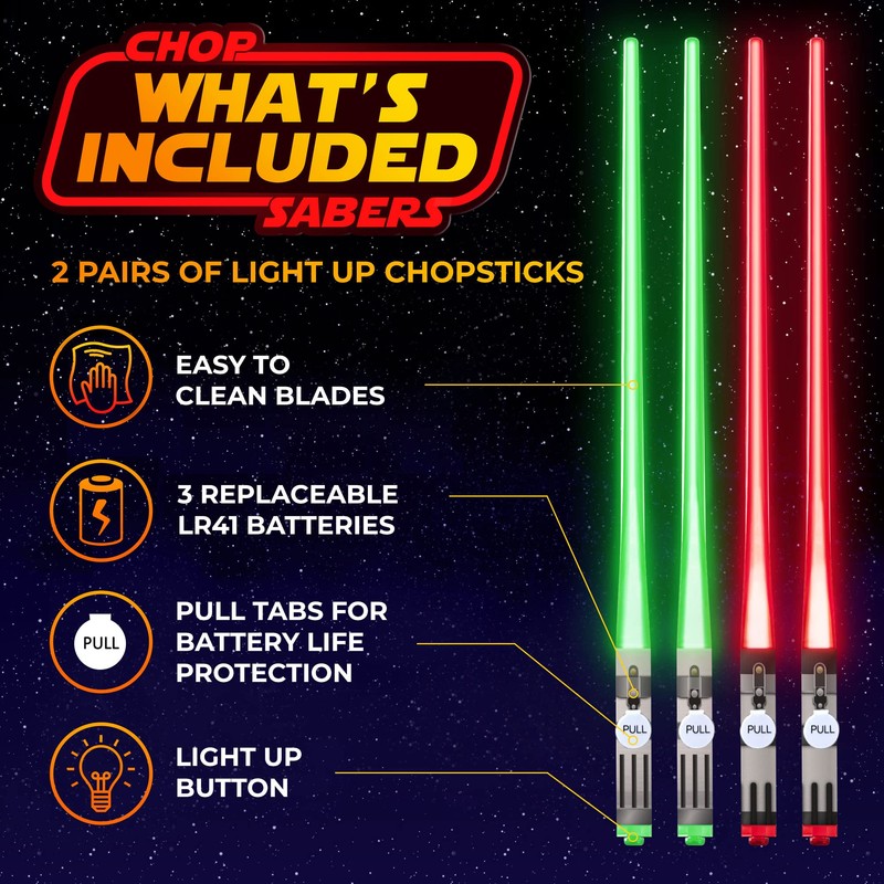 Chop Sabers Light Up LightSaber Chopsticks Set, 2 Pairs, Red