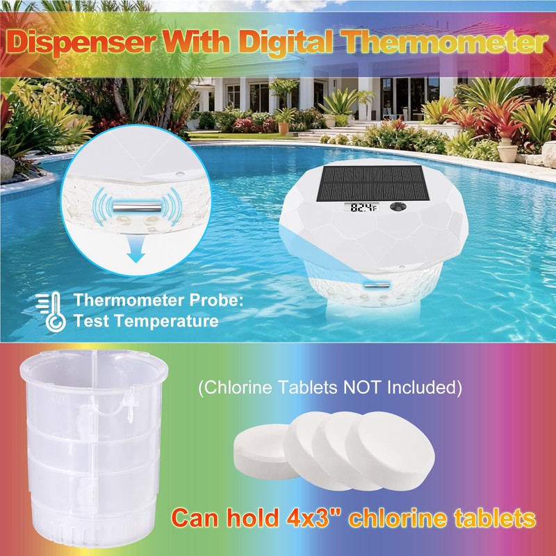 Solar Powered Pool Chlorine Floater with Digital Thermometer & LED