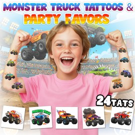 Monster Truck Temporary Tattoos for Kids aged 3-10, Colorful Cartoon Design, Kids Fun Collection, 24 Pack Set Individually Cut Cute Designs, Ideal for Party Favors Bday Gifts Decoration DIY