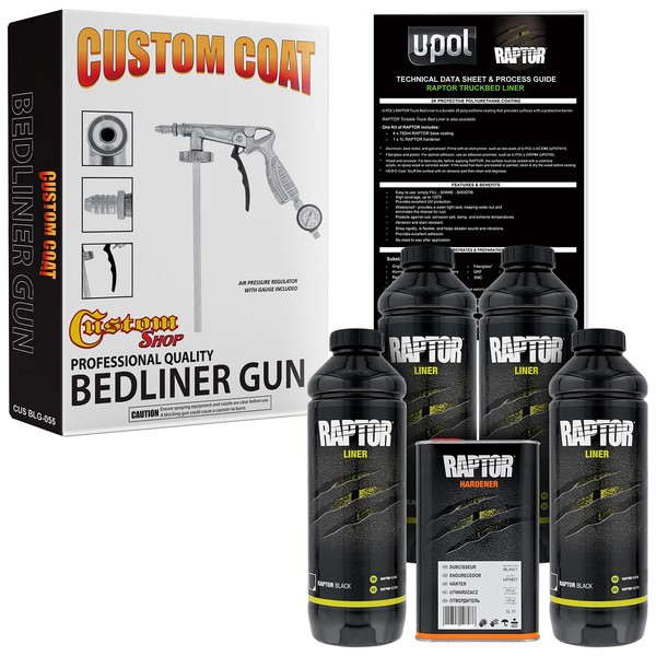 Custom Shop U-Pol Raptor Black Urethane Spray-On Truck Bed Liner Kit w/Free Custom Coat Spray Gun with Regulator, 4 Liters