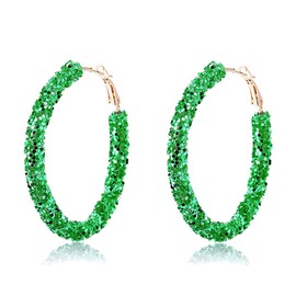 Bohemian Prom Hoop Earrings for Women Shiny Glitter Sequins Dangle Earrings Hot Pink Circle Rhinestone Drop Sparkly Earrings for Women Statement Concert Earrings Colorful Jewelry Gifts-Green