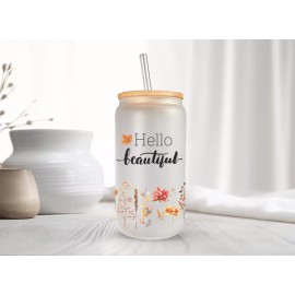 Mugzan Hello Beautiful Frosted Glass Can W Bamboo Lid 16 Oz Autumn Glass Cup by Mugzan