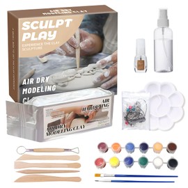 Air Dry Clay Pottery Kit for Beginners Advanced, Natural Air-Dry Clay Natural, 28 Pcs Paint Brushes Sponge Pottery Clay Sculpting Tool Set, All-Purpose Modeling Clay for Sculpting Home DIY Clay Kit