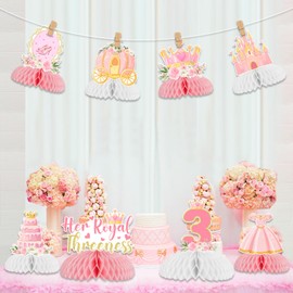 Sursurprise Princess 3rd Birthday Party Decorations, 8Pcs Her Royal Threeness Honeycomb Centerpieces Table Toppers for Girls, Princess Themed 3 Years Old Birthday Party Supplies