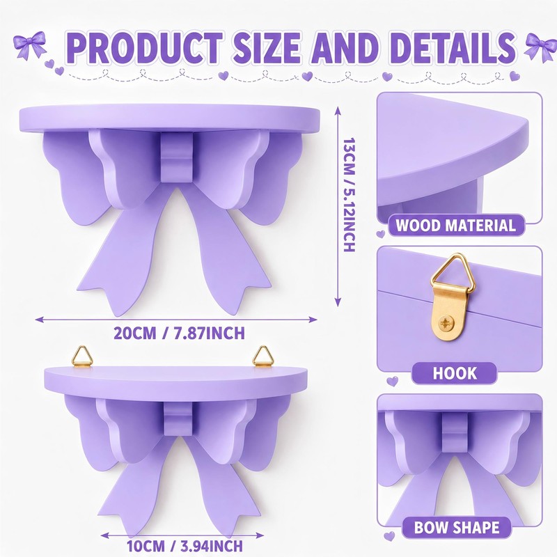 Purple Kawaii Room Decor Floating Shelf, with Mounting Kit 50Cute