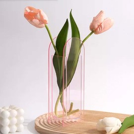 Clear Vase for Flowers Acrylic Vase for Room Decor Rectangular Unique Flower Vase for Bookshelf (Transparent Pink)