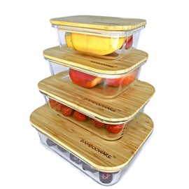 Bambooware Glass Containers with Lids | Non Plastic Glassware Set - Natural Raw Organic Wooden Bamboo Lids | Set of 4 | Reusable, BPA Free | Perfect for Meal Prep, Lunch, Leftovers, Kitchen