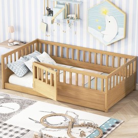 Twin Floor Bed with High Fence and Door, Kids Bed Twin Size, Wood Montessori Bed for Kids, Girls, Boys, Kids Montessori Floor Bed, Twin Floor Bed Without Slats(Natural Twin)