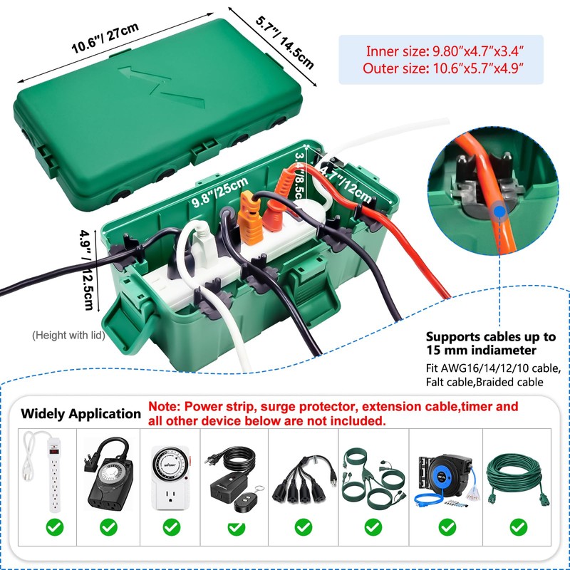 Hrensaw Medium Outdoor Electrical Box(10.6x5.5x4.5inch),IP54 Waterproof Extension Cord Cover w/6