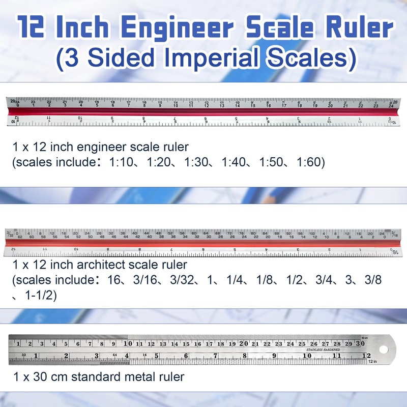 Biaungdo 3 Pack Architectural and Engineer Scale Ruler Set, 12