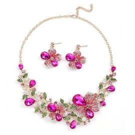 Cykdohy Hot Pink Rhinestones Flowers Necklace Earrings 2 Piece Bride Bridesmaid Wedding Jewelery Set for Women Floral Leaf Teardrop Crystal Cluster Bridal Party Prom Elegant Costume Dress Accessories