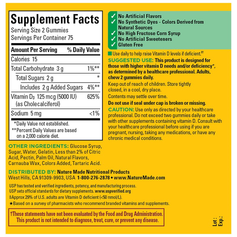 Nature Made Vitamin D3 5000 IU Per Serving Gummies Extra