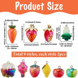 SUNNYCLUE 18 Stück 9 Stile Harz Obst Anhänger 3D Harz Anhänger Masse ab Farbe Glitzer Erdbeere Zitrone Karotte Äpfel Obst Gemüse Anhänger Mit Loch Für Die Schmuckherstellung Ohrringe Halskettenzubehör