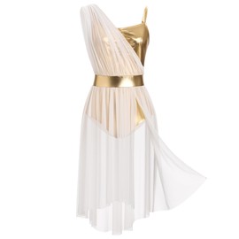 ODASDO Lyrical Dance Costumes for Women Modern Contemporary Dancewear Adult Cami Straps Metallic Mesh Tulle Flowy Leotard Dress One-Piece Bodysuit for Ballet Recital Stage Performance White S