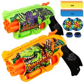 2 Pack Dinosaur Doodle Toy Gun Toy Foam Blaster with 80 Foam Bullets, 6 Dart Spinning Drums Pistol Toy, Foam Dart Gun Shooting Game Activities, Birthday Gift for Kids, Teens, and Ages 6 and Up