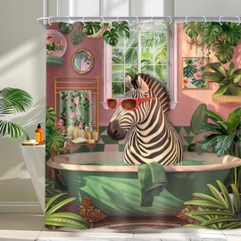 Newsely Funny Zebra Shower Curtain 60Wx72L Inch Fun Wild Animal in Bathtub Hilarious Cool Modern Tropical Green Leaves Plant Summer Bathroom Set Waterproof Bath Decoration Accessories Home Decor