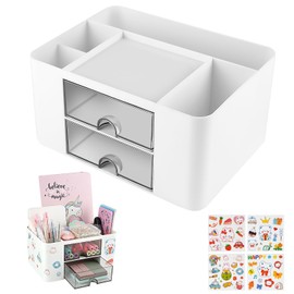 OFFCUP Desk Organiser, 5 Compartments Plastic Office Organiser with 2 Drawers, Multifunctional Pen Holder Organiser, Pen Holder, Desk Table Organiser for Office Supplies, Stationery (White)