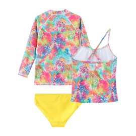 Girls 3 Piece Rash Guard Swimsuits Set Tankini Bathing Suits for Girls Long Sleeve Beach Swimwear Fireworks Yellow Size 6/6X