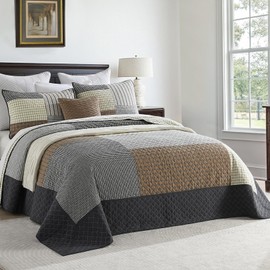 QuiltMuse Cotton Bedspreads Queen Size 102x120 - Soft Lightweight Queen Quilt with 2 Pillowcases, Farmhouse Reversible Patchwork Plaid Oversized Queen Quilted Bedding Set Coverlet, Brown/Beige/Grey