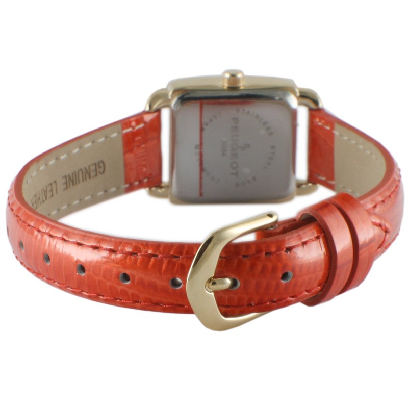Peugeot Ladies Mini Square Crystal Gold-Tone Dial Blood Orange Red