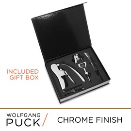 Wolfgang Puck 6-Piece Wine Tool Set with Wine Opener, Aerator, Wine Stopper, and Champagne Recorker, 2 Replacement Corkscrews, Chrome Finish, Arrives in Gift Box
