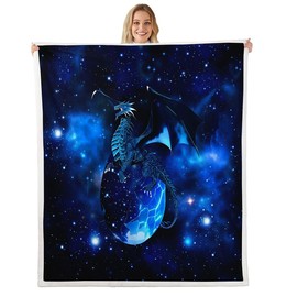 Galaxy Dragon Sherpa Blanket Chic Outer Space Starry Sky Fleece Throw Blanket Jungle Animals Dragon Fuzzy Blanket for Bed Soft Couch Children Bedroom Decor Blue Black Plush Blanket Throw 50"x60"