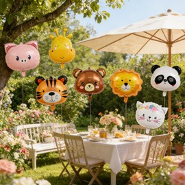 7Pcs Cute Cartoon Animal Head Foil Balloons - Cat, Bear, Pig, Lion, Panda, Giraffe, Tiger Shaped Mylar Balloons for Jungle Safari Birthday Party Decorations, Baby Shower Supplies