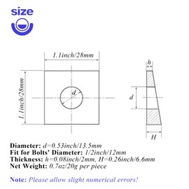 10 PCS 1/2 Beveled Square Washers in Plain Carbon Steel Oxidized,1/2(ID) x1-1/8x1-1/8 Inch for Channel Steel Wedge Shaped Washers for Shim Leveling,2 to 6.6 mm Thick,Black,LXLVOUEG