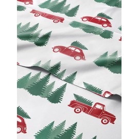 Queen Christmas Trucks Sheet Set - Holiday Xmas Pattern Linen Set - Deep Pockets - Snug Fit - 4 Piece - Wrinkle Free - Comfy & Cooling Festive Winter Bedding - Easy To Care For - Kid Friendly