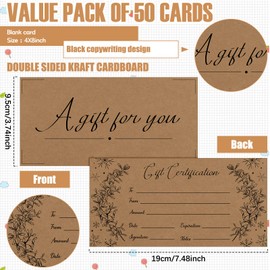 Spiareal 50 Pcs Blank Gift Certificates for Small Businesses 3.75 x 7.5 Inches Double Sided Kraft Black Foil Certificate Cards Paper Vouchers for Hair Salons Spa Restaurants(Brown)