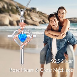 AINFQY Cross Necklace for Women 925 Sterling Silver Rose Heart Crucifix Blue Opal Pendant October Birthstone Gemstone Anniversary Birthday Christmas Gifts for Mother Wife Sister Her