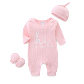 Newborn Baby Girl Romper Ribbed Jumpsuit Gloves and Hat 3 Pack Baby Footless Clothes 0-3 Months Dark Pink