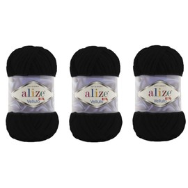 Alize Velluto 100% MicroPolyester Baby Blanket Yarn Lot of 3 skn 225 Yards 3x100gram, Yarn Weight: Super Bulky 6 (60 Black)