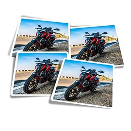 Vinyl Square Stickers (Set of 4) 10cm - Red Motorbike Tourer Holiday Travel for Laptops, Tablets, Luggage, Scrap Booking, Fridges #53358