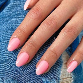 Pink Press on Nails Short Oval Round Nails Glue on, SXVME Spring Summer Fake Nails Press ons, Acrylic False Nails Handmade of Gel, Best Thick Short Almond Nail for Big & Petite Fingers, 24Pcs