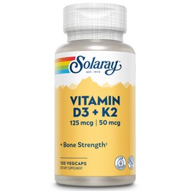 SOLARAY Vitamin D3 K2 - Bone Health and Immune Support Supplement - With 5000 IU Vitamin D as Vit D3 and 50 mcg Vitamin K2 as Menoquinone MK7, Made Without Soy, 60-Day Guarantee, 120 Serv, 120 VegCaps
