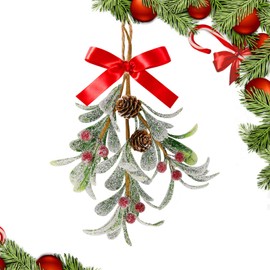 Christmas Mistletoe Decoration - Red Bow & Red Berries Christmas Ball Ornaments, Real Natural Pine Cones,Kissing Ball Artificial Dry Leaf Hanging Decoration Mistletoe Herb for Door Tree