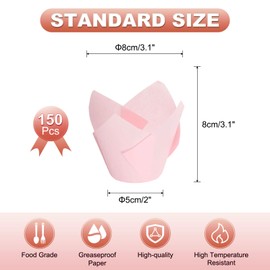 uxcell 150Pcs Tulip Baking Cups Cupcake Muffins Liners Paper Greaseproof Wrappers for Wedding Birthday Party Festivals Christmas(3.1" x 2", Pink)